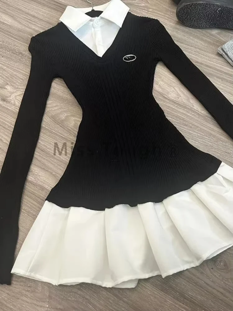 2024 inverno coreano moda manga longa vestido feminino y2k casual fino lapela retalhos vestidos retro chique sólido fino vestido de malha novo