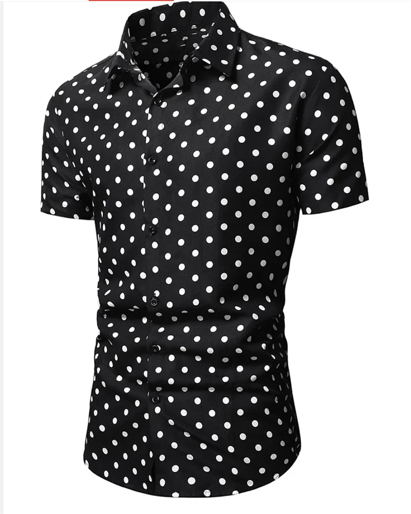 Men\'s shirt summer beach shirt black and white short sleeve polka dot lapel vacation clothing fashionable casual comfortable 5XL