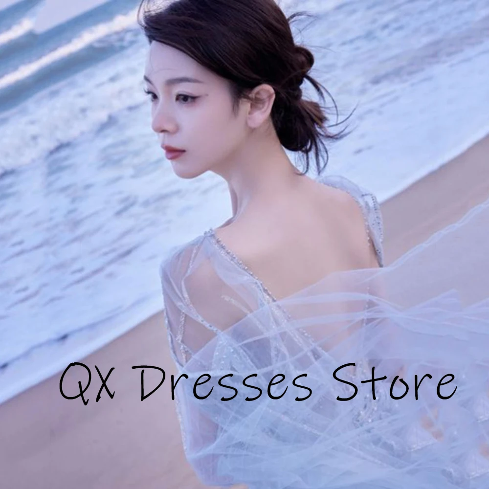 فساتين سهرة Yipeisha بسيطة من التول باللون الأزرق السماوي مع زينة مطرزة بالخرز مثيرة بدون ظهر بطول الأرض وحفلات رسمية Pr