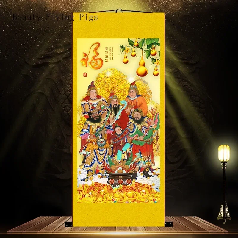 Customized Chinese Style Silk Cloth Fifth Road God of Wealth Hanging Painting, Living Room,office Scroll Mural Feng Shui  People