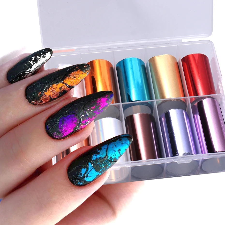 10 Roll/Box Metallic Mirror Nail Foils Holographic Gold Silver Champagne Transfer Stickers DIY Charm Starry Paper Manicure Decor