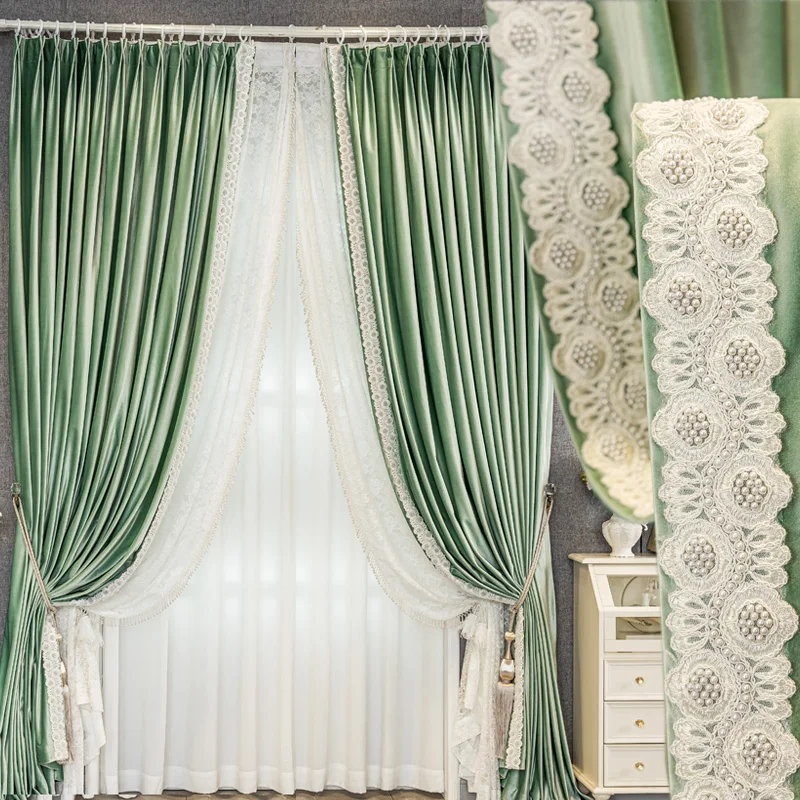 new matcha green French modern cream lace curtains lace gauze velvet cloth blackout curtain tulle drape C2195