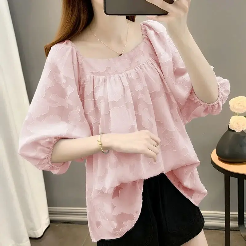 Sweet Puff Sleeve Loose Blouse Elegant Square Collar Basic Summer Fashion Jacquard Weave Female Clothing Korean Commute Shirt