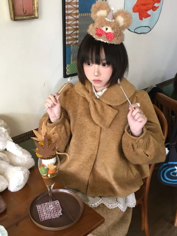 Winter Warmth Woolen Coat And i Skirt Set with Bow Tie Loose Fit Slimming Outerwear Faionable Two-Piece Women's Ensemble