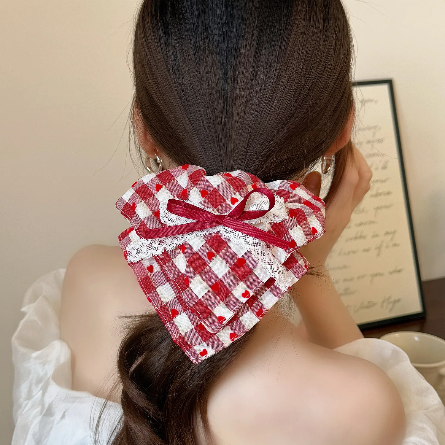 Haargummis für Damen, süß, rot, kariert, Spitze, herzförmig, süß, Kawaii-Haargummis, hochwertiger quadratischer Schal, Haarbänder, Haarseile