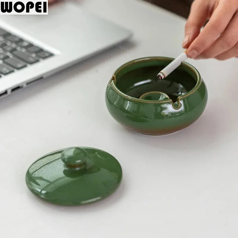 Kiln Changes Ceramic Ashtray with Lid Soot Storage Box Anti Fly Ash Ashtray Soot Organizer Home Decoration Statue Ornament Craft