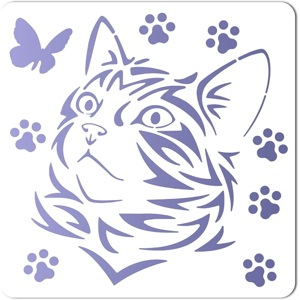 Large Cat Stencils 12x12 Inch Reusable Animal Template Signs Home Wall Butterfly Cat's Paw Plastic Square Family Stencils