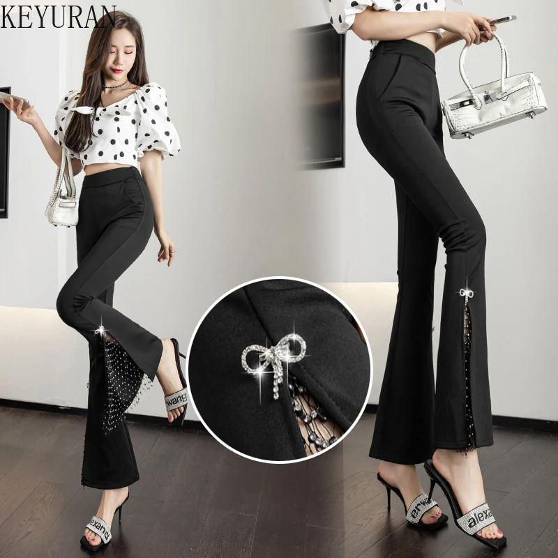 2024 Spring Summe New Mesh Diamond Split High Waist Drape Flare Pants Women Slim Black Casual Nine-point Trousers Fmeale