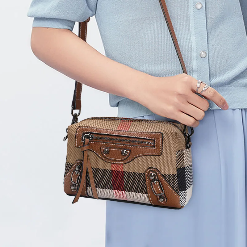 Aidrani Classic and quirky motorcycle bag, genuine leather women\'s checkered shoulder bag, retro square mini crossbody bag