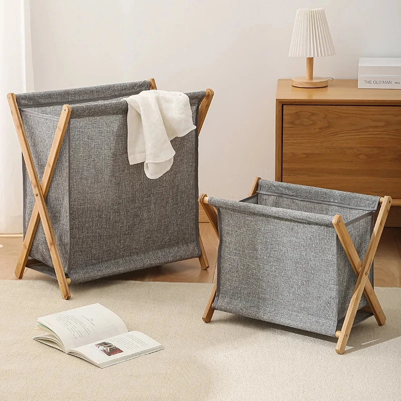 Dirty Clothes Laundry Basket Wood Bracket Foldable Cotton Linen Storage Baskets Bathroom Organizer Japanese Style Clothes Hamper