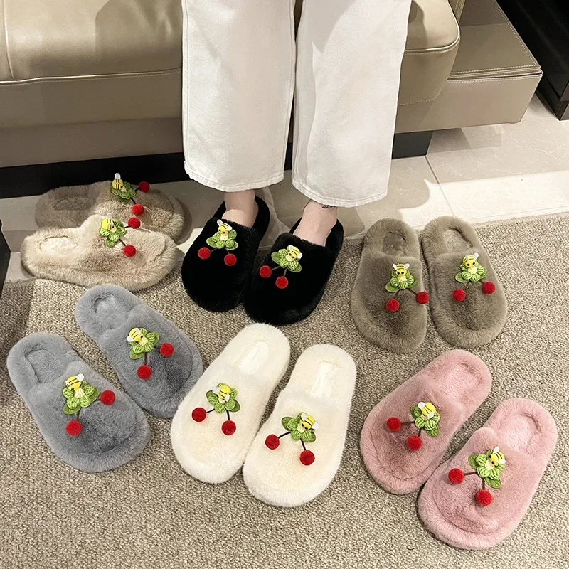 Cute Honeybee Women Slippers Autumn Winter Cotton Flat Fluffy Shoes Woman Home Indoor Fur Slippers Warm Soft Plush Shoes