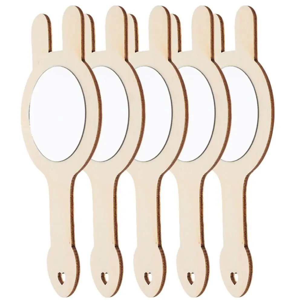 

5 Pcs Small Mirror Makeup Kids Toys Educational Wooden H crafted Unpainted DIY Craft Blank Mirror Decorative Home Accessories