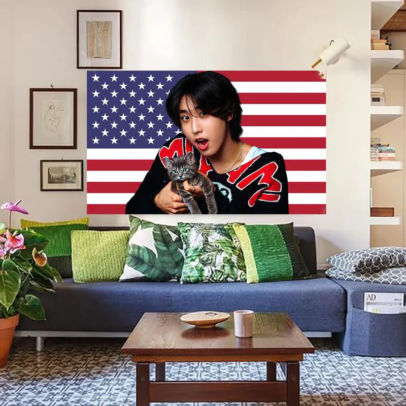 Han with Kitten American Flag Kpop Tapestry Double Stitched Room Dorm Wall Decor