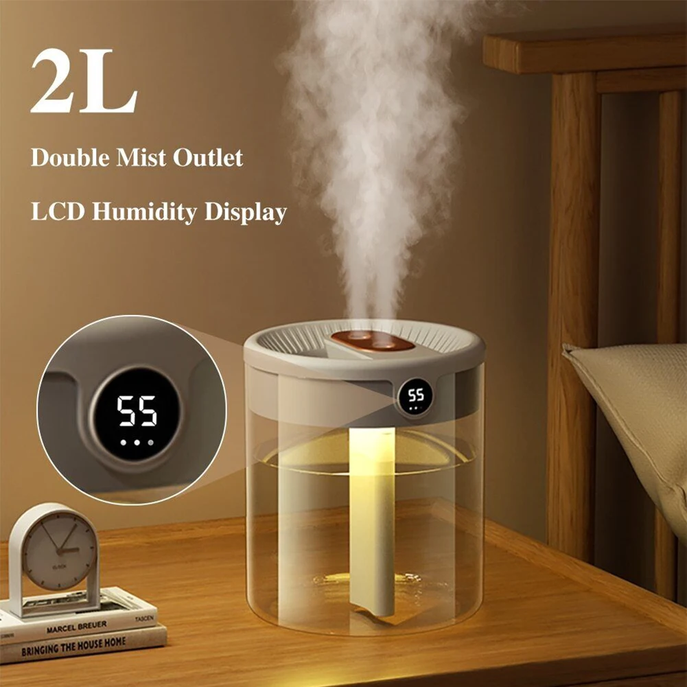 

2L Air Humidifier Large Capacity With LCD Humidity Display Night Light Double Nozzle Aroma Essential Oil Diffuser For Home Offic