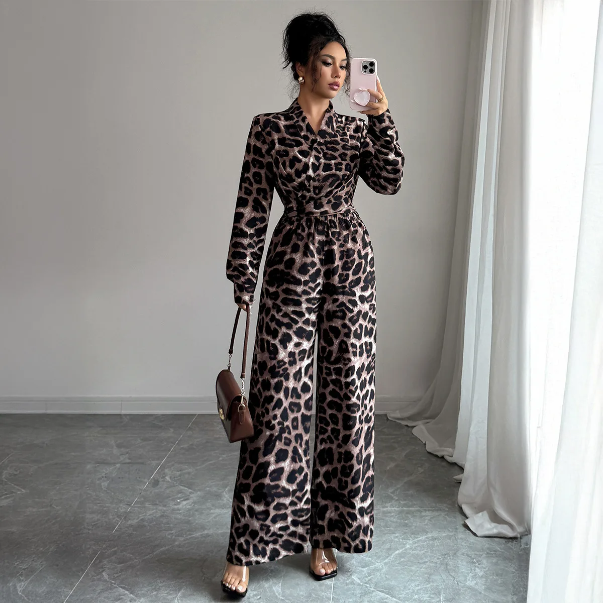 

Autumn Jumpsuits 2026 Women's Leopard Print Long Sleeve Shirt Collar Full Length Wide Leg Streetwear Elegant Jumpsuits