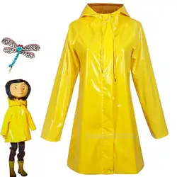 Horror Fairytale Movies Coraline Cosplay Costume Wig Yellow Coat Secret Door Adult Kid Size Halloween Party Scary Roleplay Suit