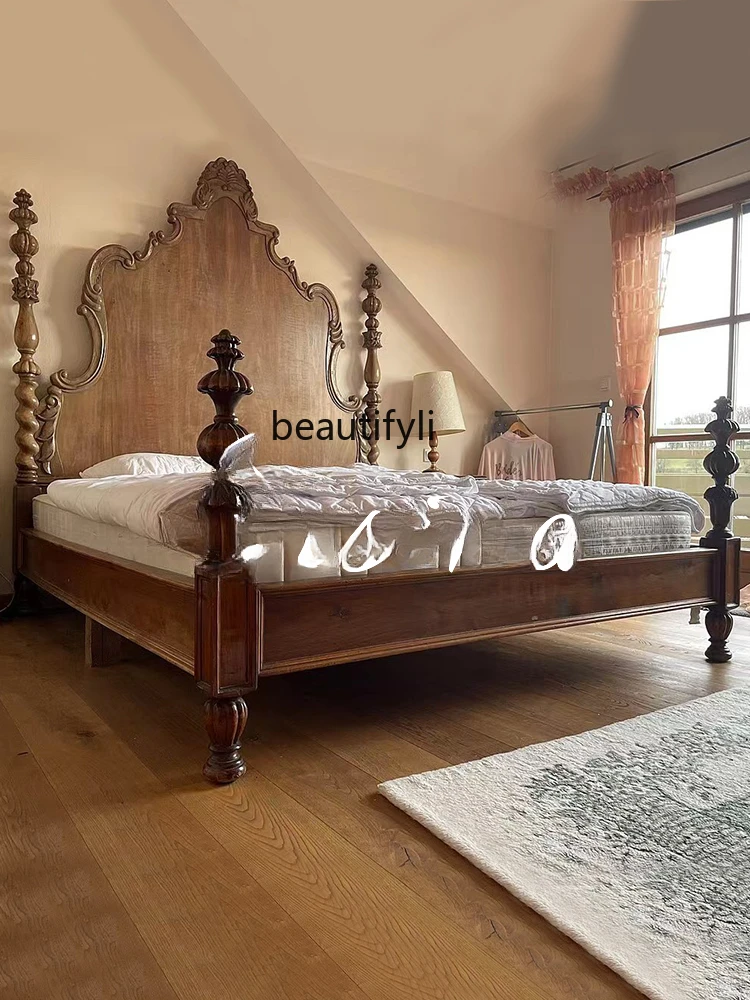 Nostalgic Solid Wood Double Bed/French Art 1.8 M Bedroom Bed/Art Simple