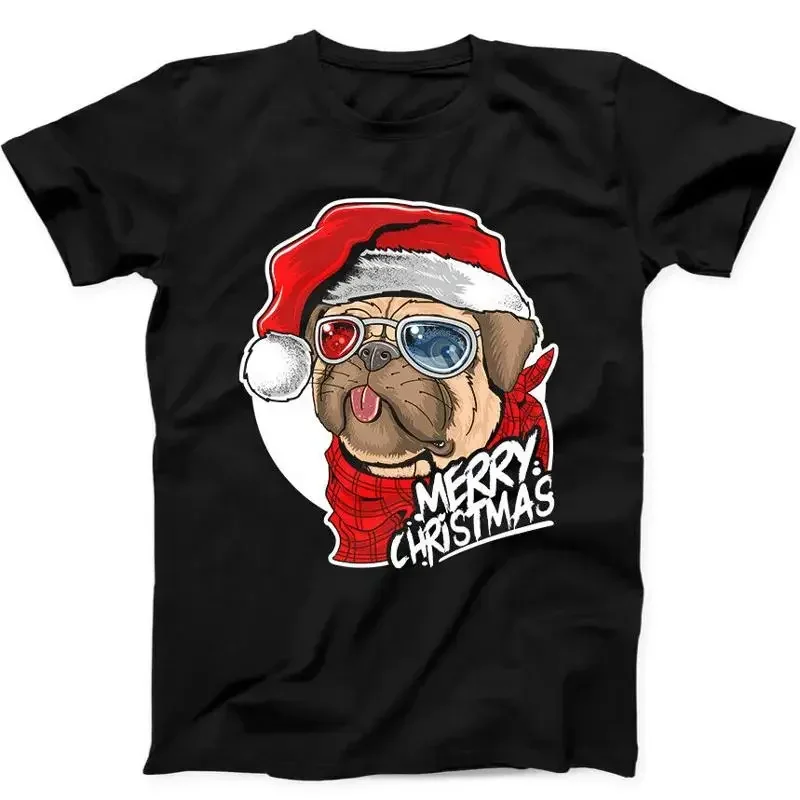 Pug Puppy Dog Santa Claus Christmas Cute Face Present Gift Tee Black T Shirt 119