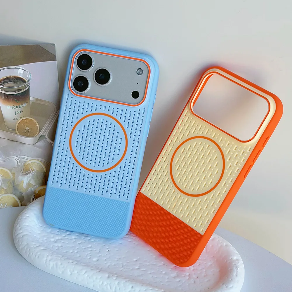 Hollow Grid Breathable Magnetic Case for iPhone 18 Pro Max Splicing Color Design for Apple iPhone 18 17 16 15 14 13 12 Pro Max