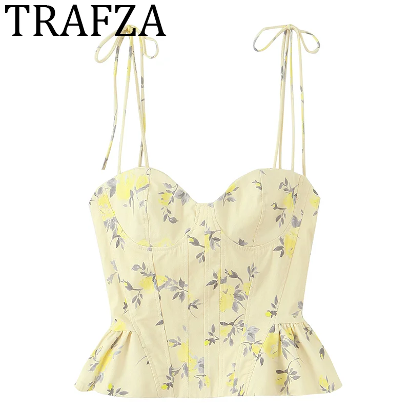 

TRAFZA 2025 Sweetheart Neck Floral Print Top Women Thin Adjustable Straps With Tie Backless Sexy Sweet Crop Top Summer Camis ﻿