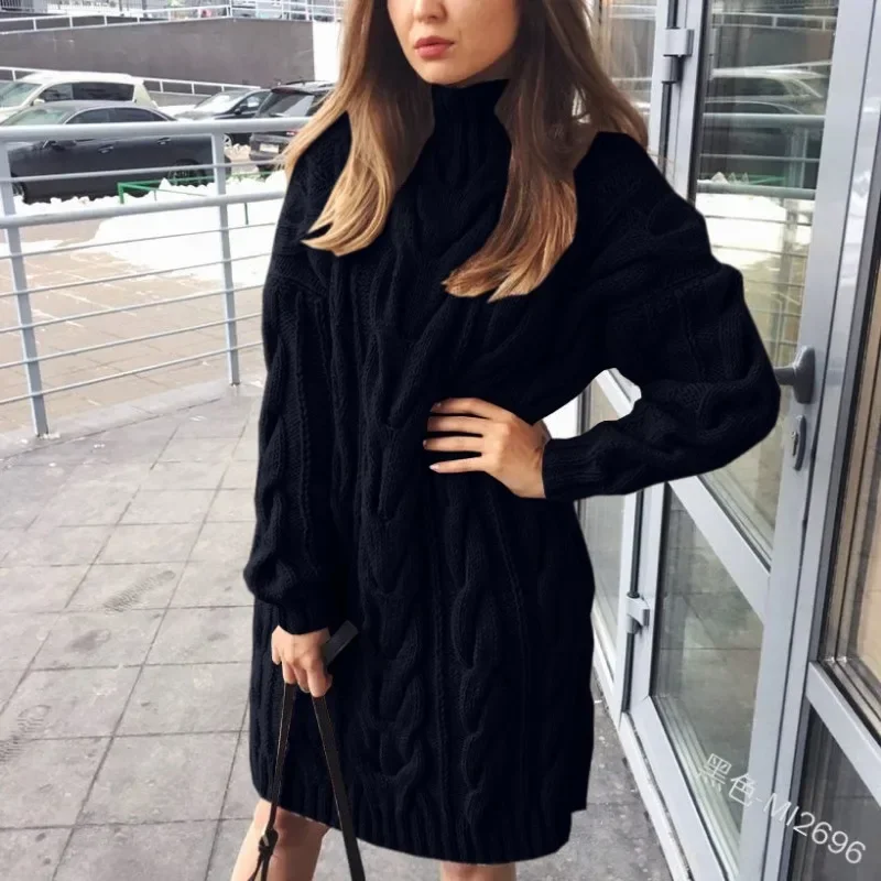 Autumn Winter Solid Color Loose High Collar A Long Sweater Women Knitted Dress Sweater Women Long Sleeve O-Neck Pullover Sweater