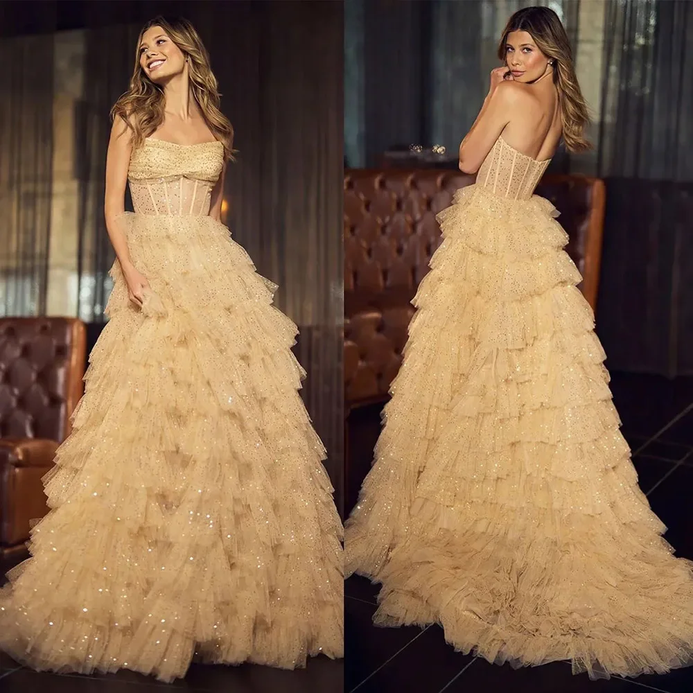 

Yellow Sequined Puff Evening Dress Strapless Sleeveless Floor Length Tiered Long Dresses Organza Chapel Train Special Party Gown