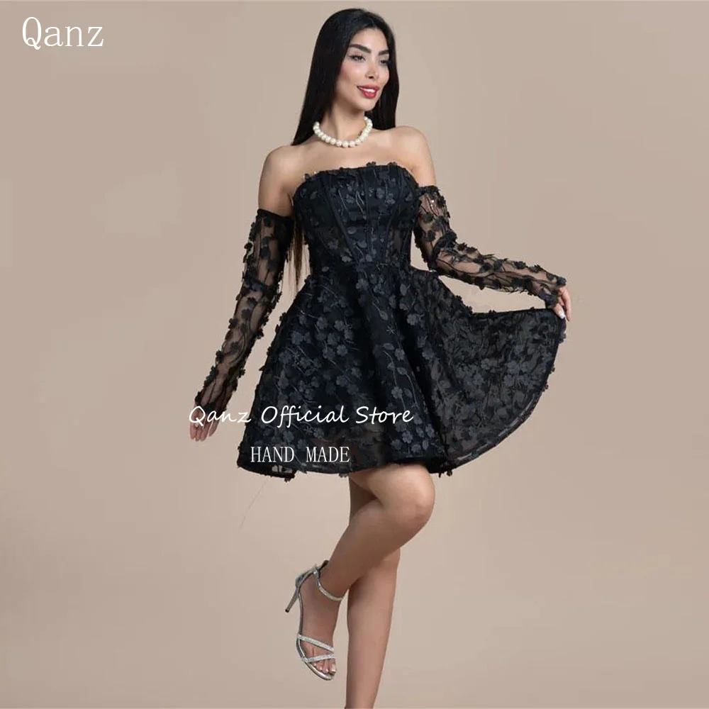 

Qanz Delicate Appliques Prom Dresses Long Sleeves Black Short A Line Robes De Soirée Lace Up Back Birthday Dresses Luxury 2024