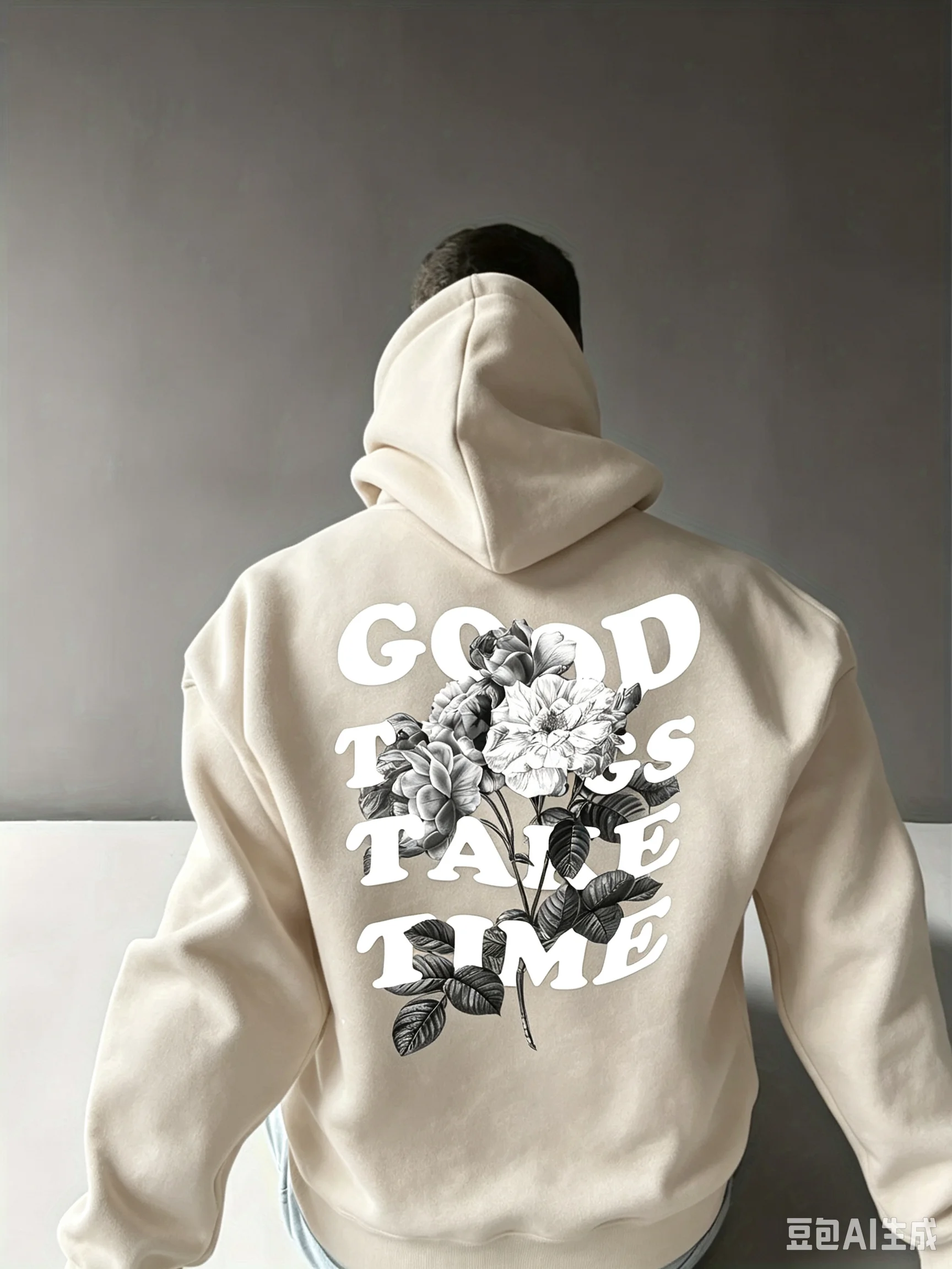 Men Good Things Take Time Flower Graphic Print Hoodie Casual Loose Pullover Hooded Sweatshirt Streetwear Tops