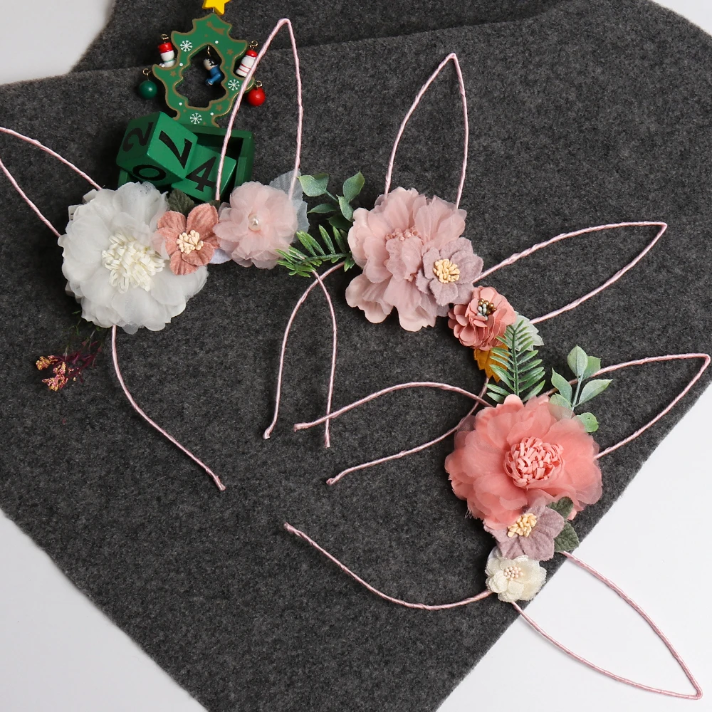 ncmama Flower Rabbit Ears Bunny Hairband for Women Sexy Black Cat Headband Party Headwear Easter Day Girls Hair Accessories