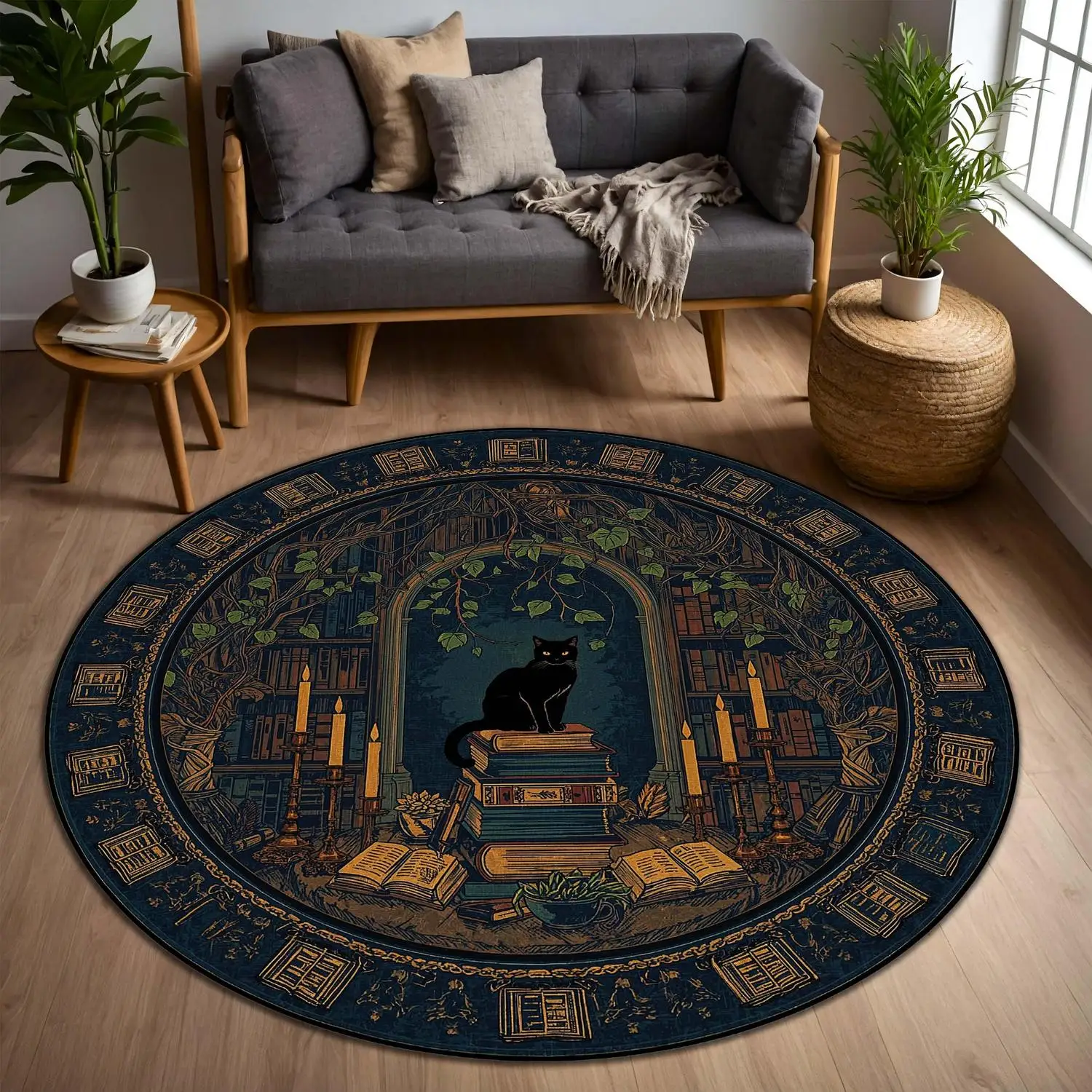 【Room Decoration Carpet】Dark Academy Style Library Round Carpet, Black Cat and Book Pattern Round Carpet, Candlelight Gothic Study Room Decoration, Vintage Night Blue Witch Home Decor
