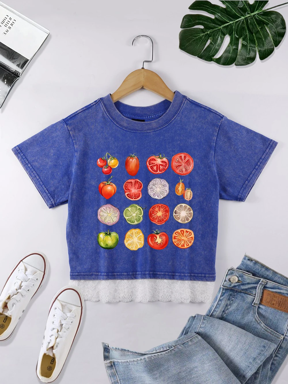 Camisetas cortas de algodón con tabla de colección de variedades de tomate, camisetas lavadas con dobladillo de encaje para verano, camisetas desgastadas con cuello redondo, ropa informal