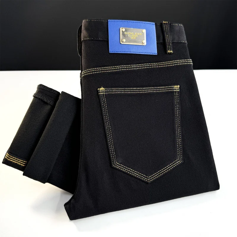 

Autumn and winter new black jeans for men, slim fit, small feet, elastic and plush warm high-end denim pants