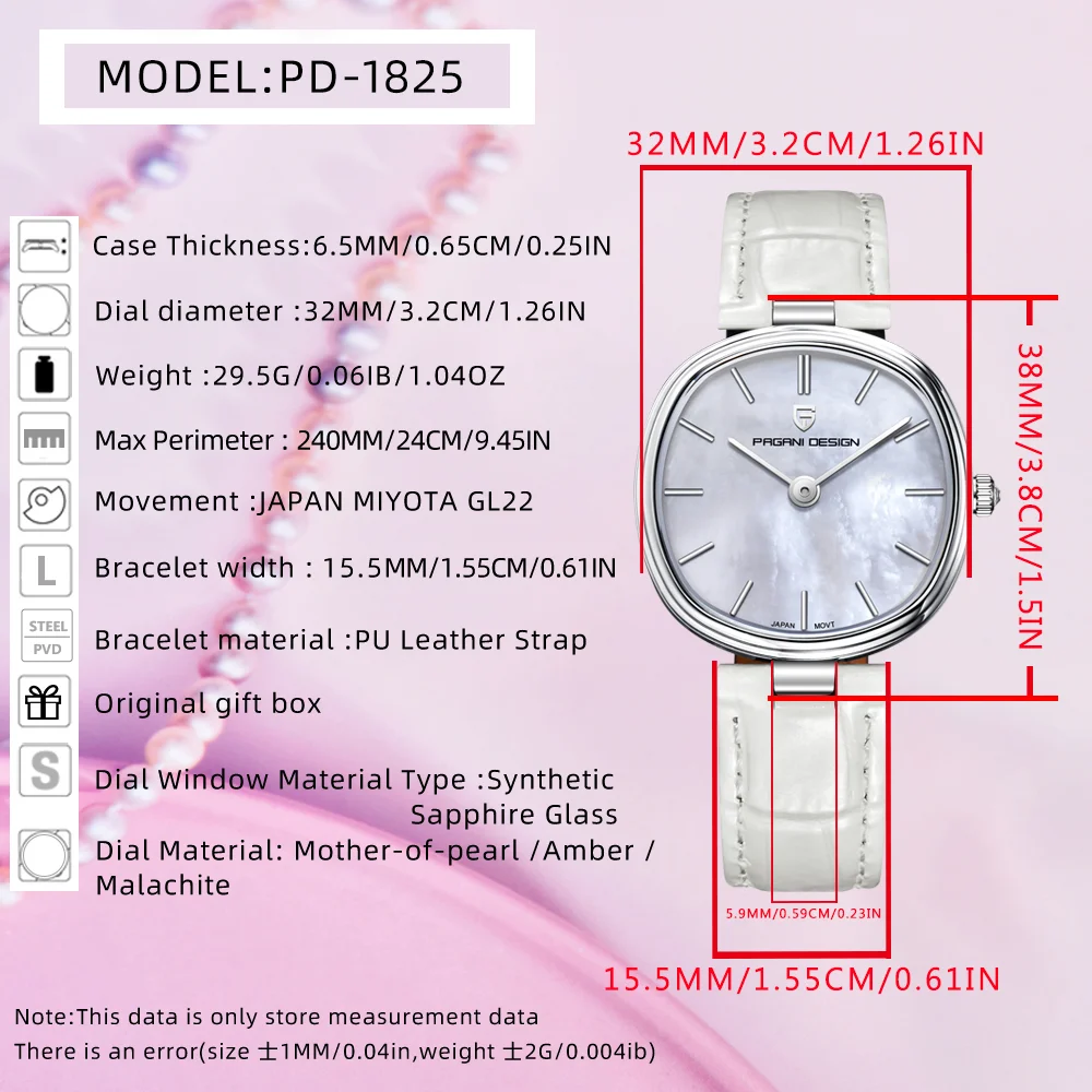 PAGANI DESIGN Oval Women's Quartz Watch Japan GL22 Movement Mother of Pearl White Dial Sapphire Women's Dress Watch+Gift Box