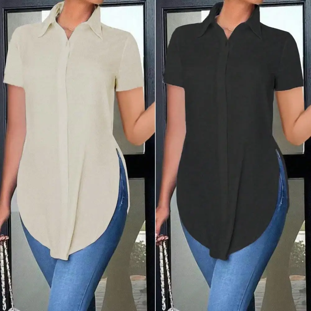 

1 шт. женская летняя рубашка с отворотом блузка с коротким рукавом однобортная рубашка Топы Однотонная рубашка средней длины с разрезом по бокам