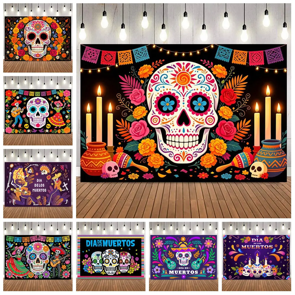 Mexican Carnival Day of The Dead Party Decoration Background Colorful Flower Skull Fiesta Cinco DeMayo Photography Backdrop