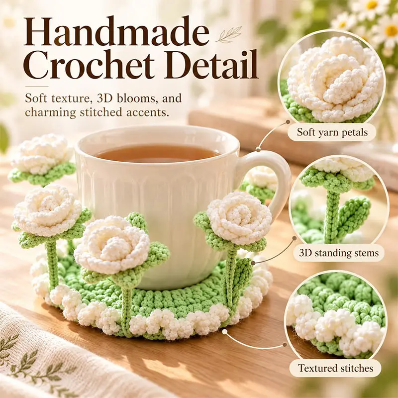Wool Diy Handmade Crochet Coasters Weaving Fun Hand-made Flip Rose Coasters Good Friend Family Christmas Present Handicrafts