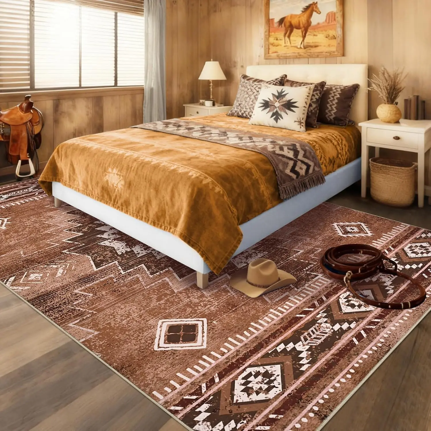 Brown Moroccan Aztec Rug, Non-Slip Area Carpet for Bedroom Living Room Nursery, Western Style Floor Decor