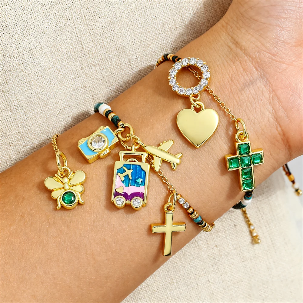 

2Pcs Pendants Brass DIY Jewelry Charms Cross Heart Travel Bee with Cubic Zirconia for Women Men Handmade Crafting Accessories