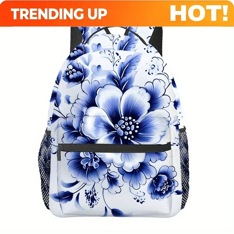 Custom Bag Blue And White Floral Art Print Backpack - Lightweight Travel And Hiking Daypack With Adjustable Straps, Comfortable