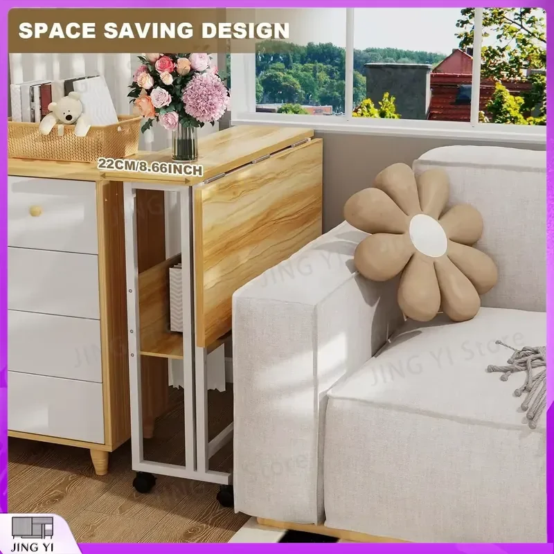 Height Adjustable Folding Computer Desk with Wheels Storage Shelves Space Saving Writing Table for Office Study Gaming
