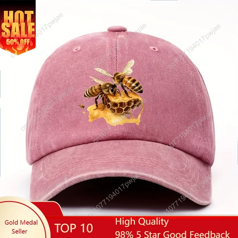 قبعة بيسبول للجنسين مكونة من قطعة واحدة مع طباعة النحل والعسل - تصميم طبيعي بني ذهبي على بوليستر أسود وخفيف الوزن لملابس الشارع