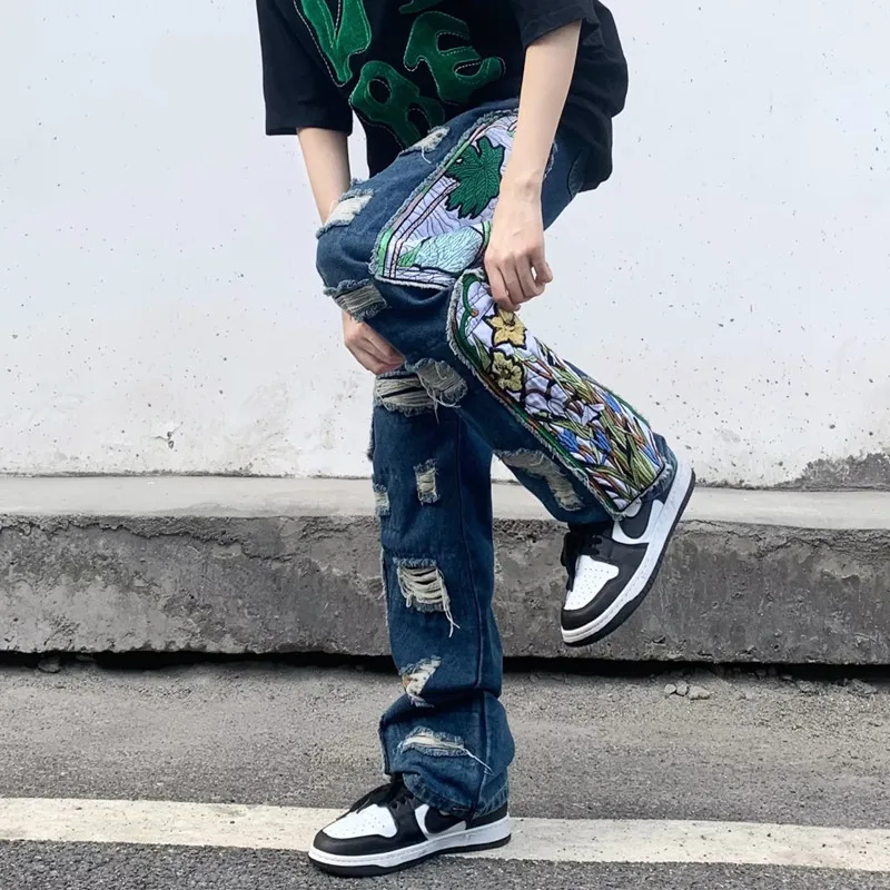 2023 Grunge Clothes Y2K Streetwear Baggy Stacked Ripped Jeans Pants For Men Patch Embroidery Hip Hop Denim Trousers Ropa Hombre