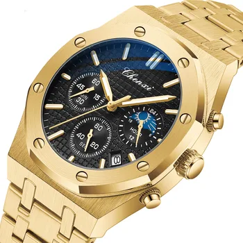 Montres de luxe en or pour hommes, en acier inoxydable Royal, chronographe étanche, doré, Business décontracté, montre-bracelet à Quartz, marque supérieure