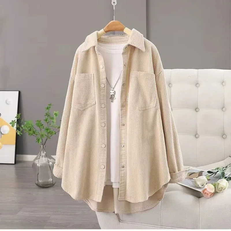 New Loose Medium Long Striped Velvet Cardigan Top with or Without Velvet Corduroy Jacket Women's Autumn and Winter