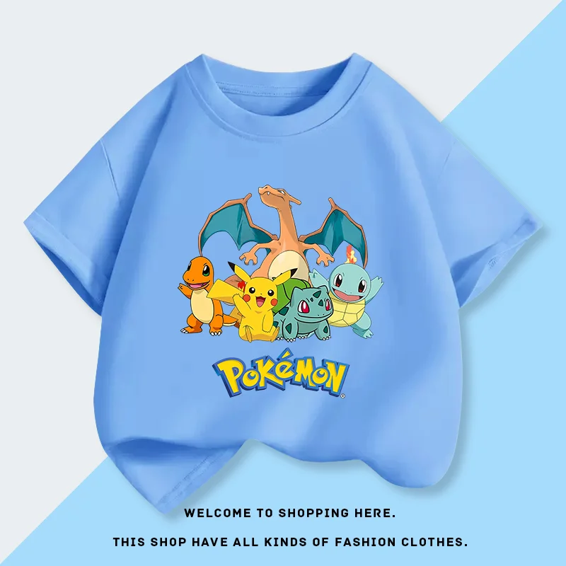 Pokémon Firestone Jyneturtle Pikachu Toadseed Small Fireball Dragon Boys and Girls T-shirt Summer Children's Shirt