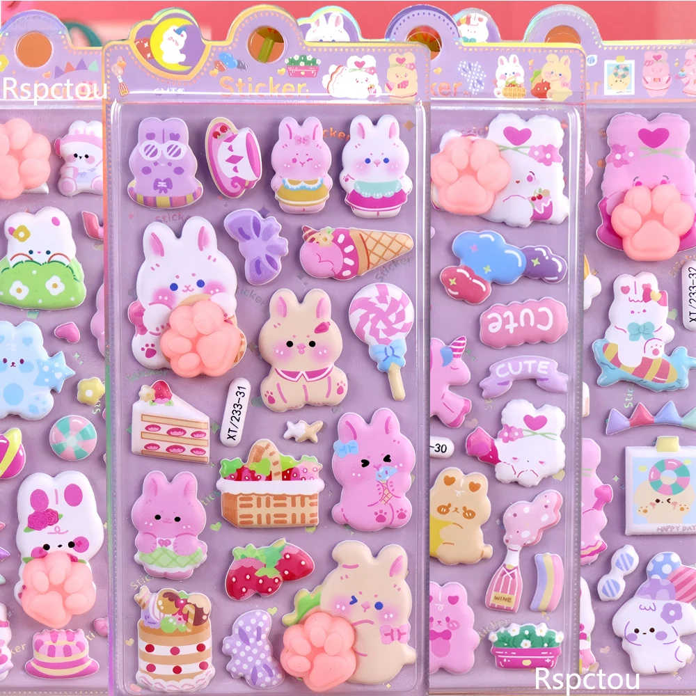 4pcs Kawaii Cartoon Animal Rabbit Decompress Soft Butt Stickers Cute Aesthetic Bubble Decoration Sticker Toy DIY Suitcase Guitar