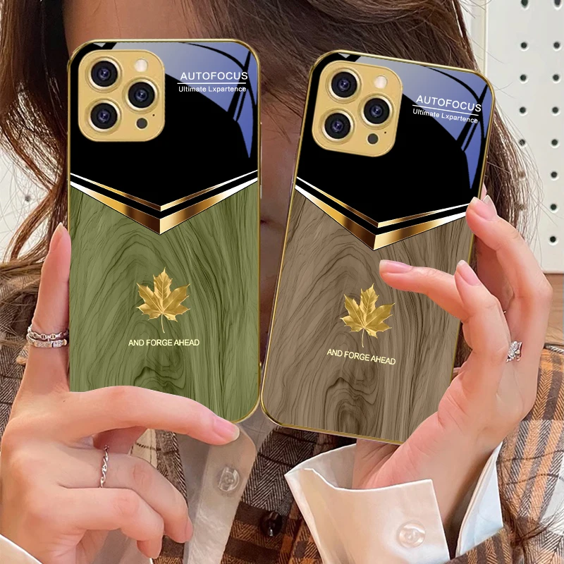 Feuille d'érable dorée mignonne pour IPhone 16 16Pro Max 15 P ro 14 13 Plus 12 Mini 11Pro Max XS Max XR coque de téléphone en verre trempé doré