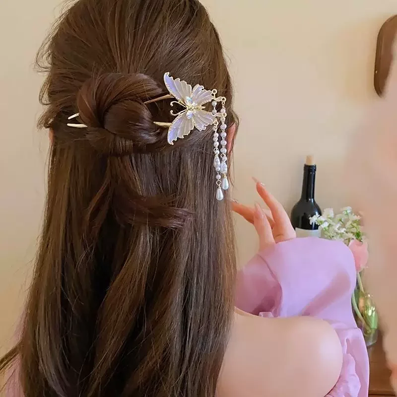 

Women Ladies Hanfu Hair Accessories Chinese Style Retro Butterfly PearlsTassels Alloy Hair Sticks Festivals Party Hair Clips