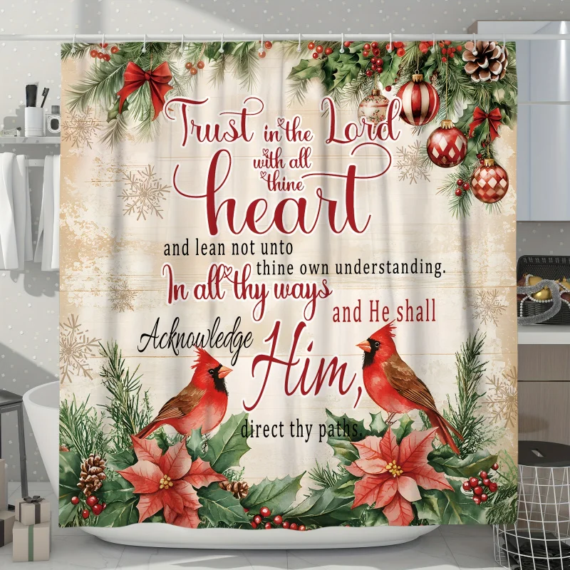 Christmas Cardinal Poinsettia Bathroom Set with Water-Resistant Bath Drapes, Machine Washable, Animal Print Design, Includes Hoo