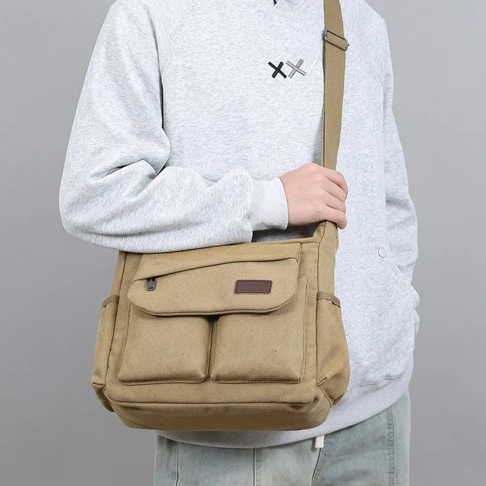 

Casual Large Capacity Men Canvas Shoulder Bag Multi Pocket Solid Color Messenger Bag Zipper Korean Style Crossbody Bag Men